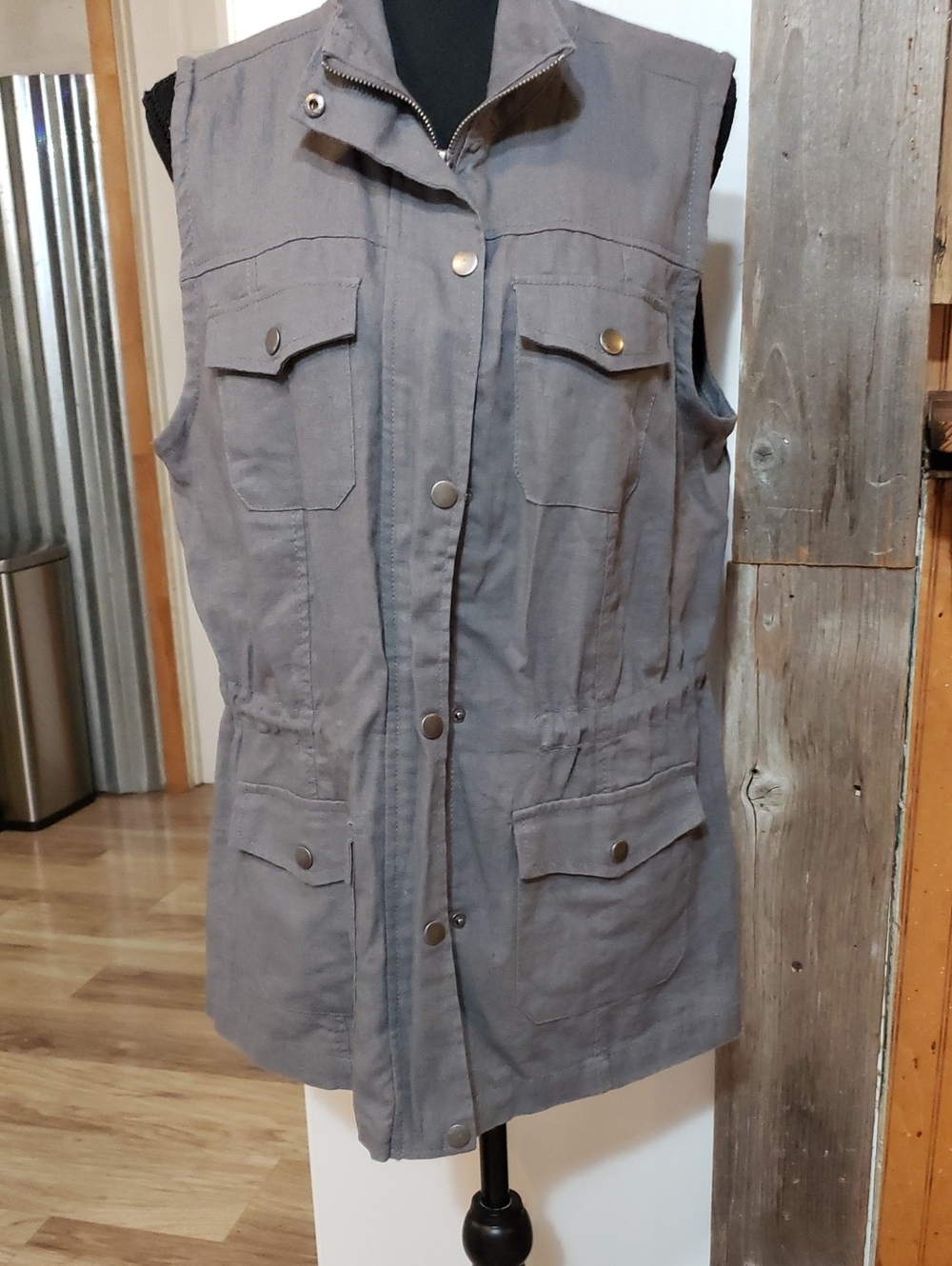 Cavalini Linen Viscose Gray Safari Utility Sleeveless Vest Full Zip Women L